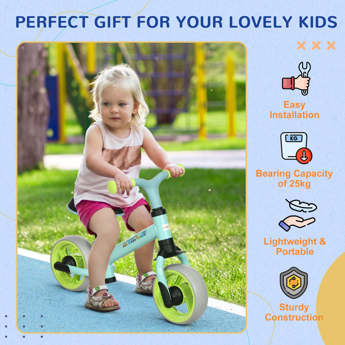 A toddler girl happily rides the green balance bike, with icons indicating easy installation and portability
