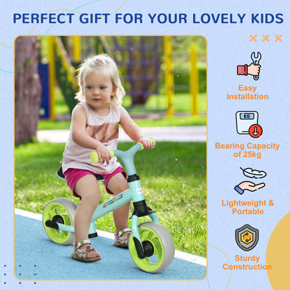 A toddler girl happily rides the green balance bike, with icons indicating easy installation and portability