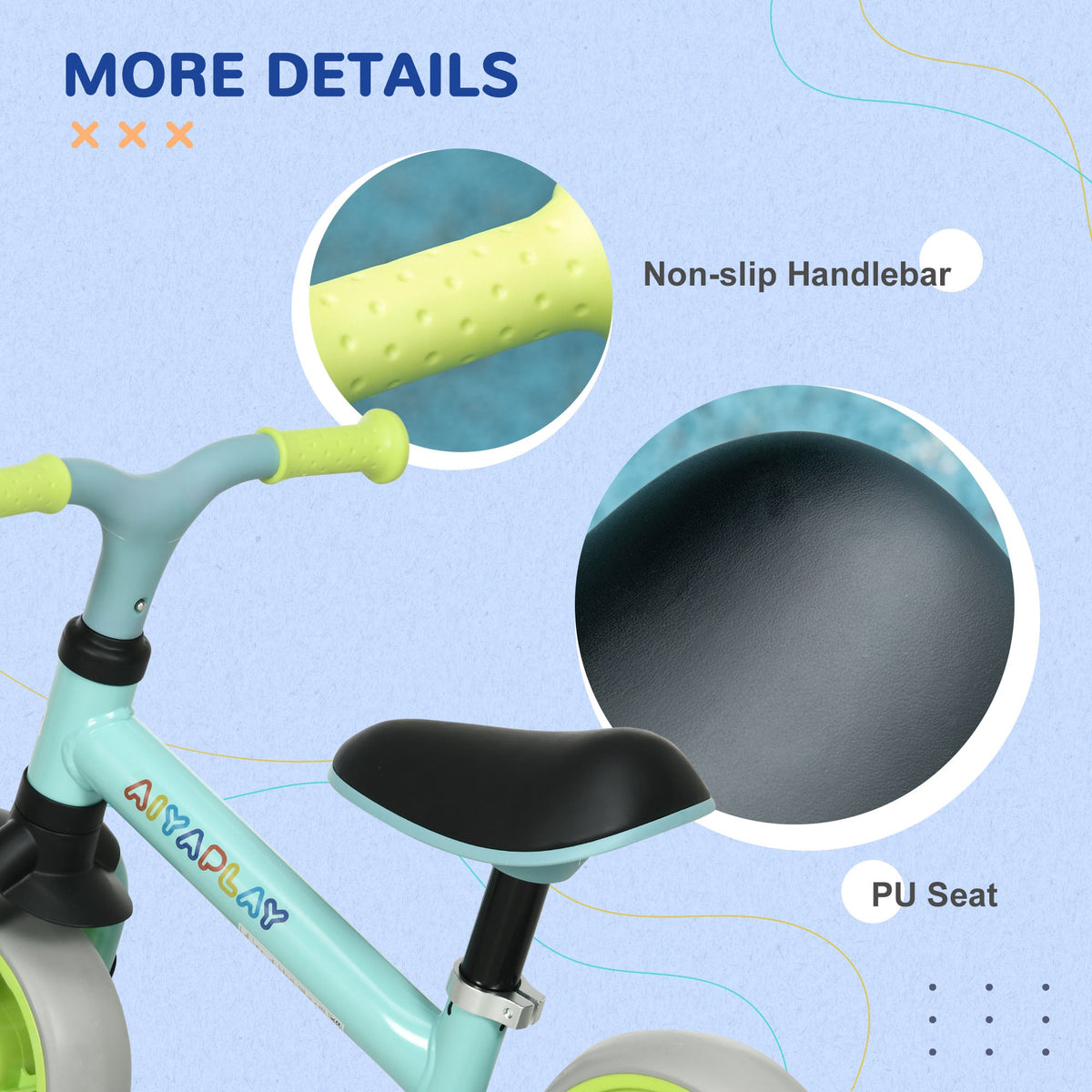 Close-up details of the green balance bike including the non-slip handlebar and PU seat