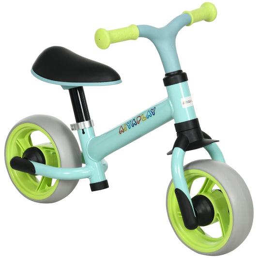 AIYAPLAY 8" Balance Bike, a green lightweight training bike for children with a black seat and light grey wheels
