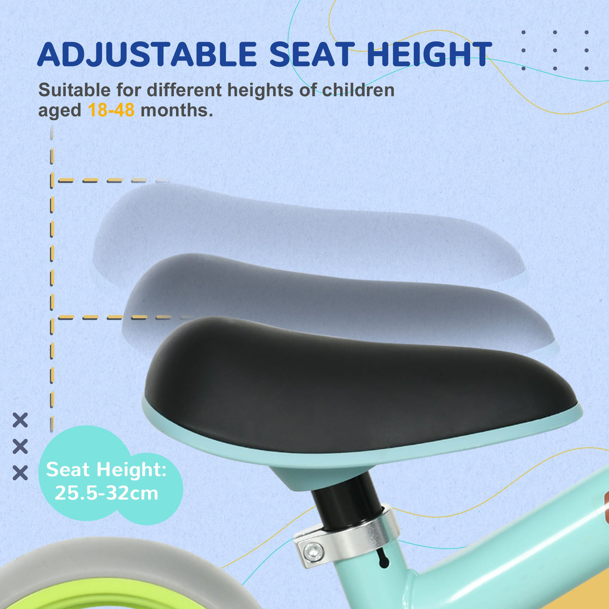 Adjustable seat height diagram for the green children's balance bike, showing different height settings
