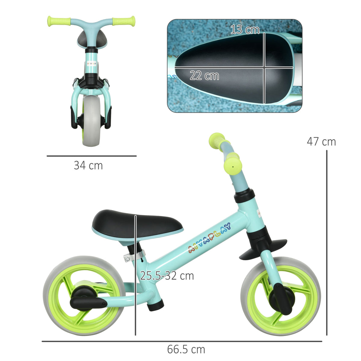 Dimensions of the green balance bike shown from the front and side with measurements indicated