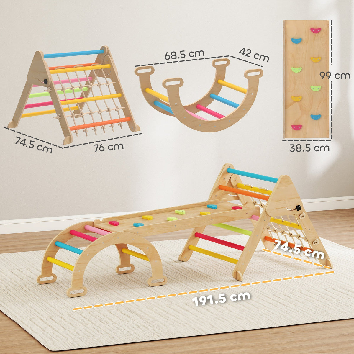 The climbing slide set with annotated dimensions for the various wooden play pieces