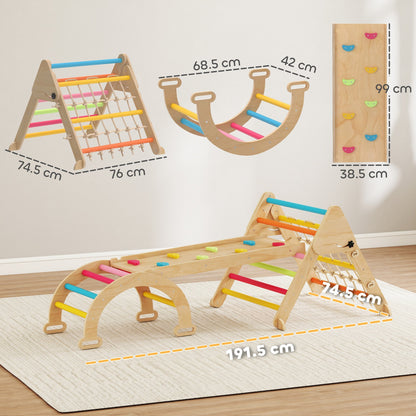 The climbing slide set with annotated dimensions for the various wooden play pieces