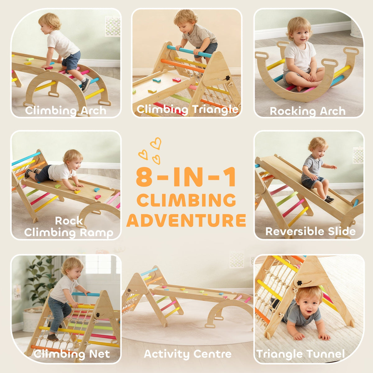 Collage showing the climbing slide set being used in eight different play configurations