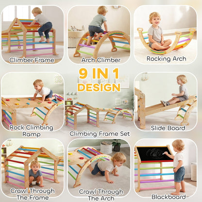 Nine different designs for the wooden climbing frame with slide, arch and ladder