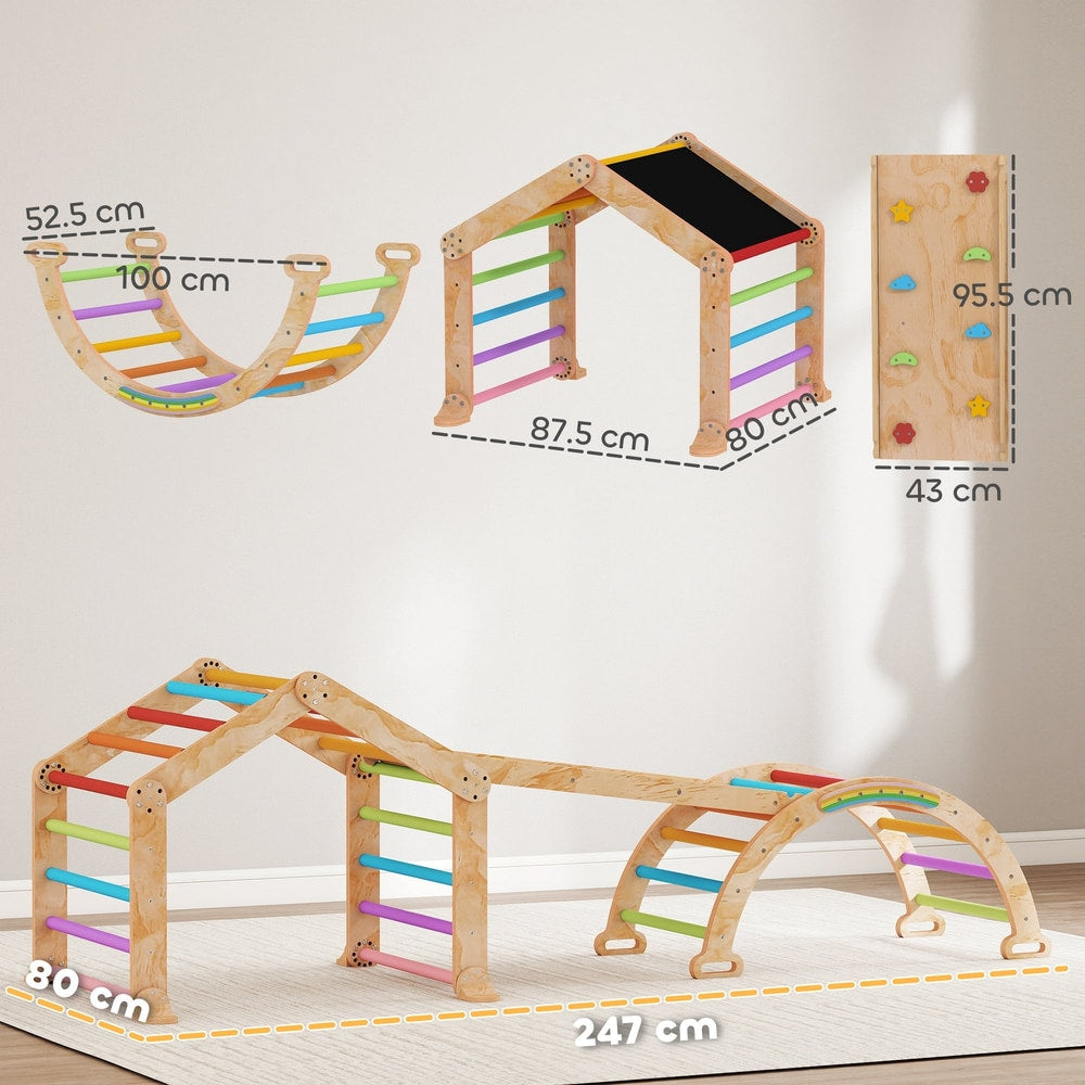 Dimensions of the wooden climbing frame with slide, arch and ladder