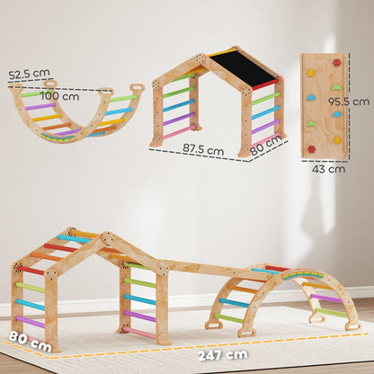 Dimensions of the wooden climbing frame with slide, arch and ladder