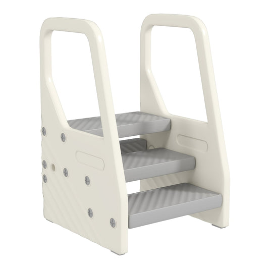 AIYAPLAY Adjustable 3 Step Toddler Tower with Handles, a cream and grey step stool with three steps and side handles