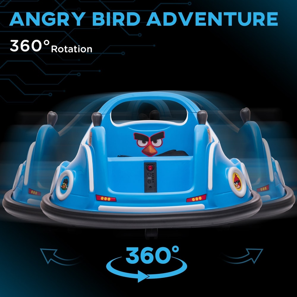 Blue kids electric bumper car shown in motion with graphic arrows indicating a spinning movement