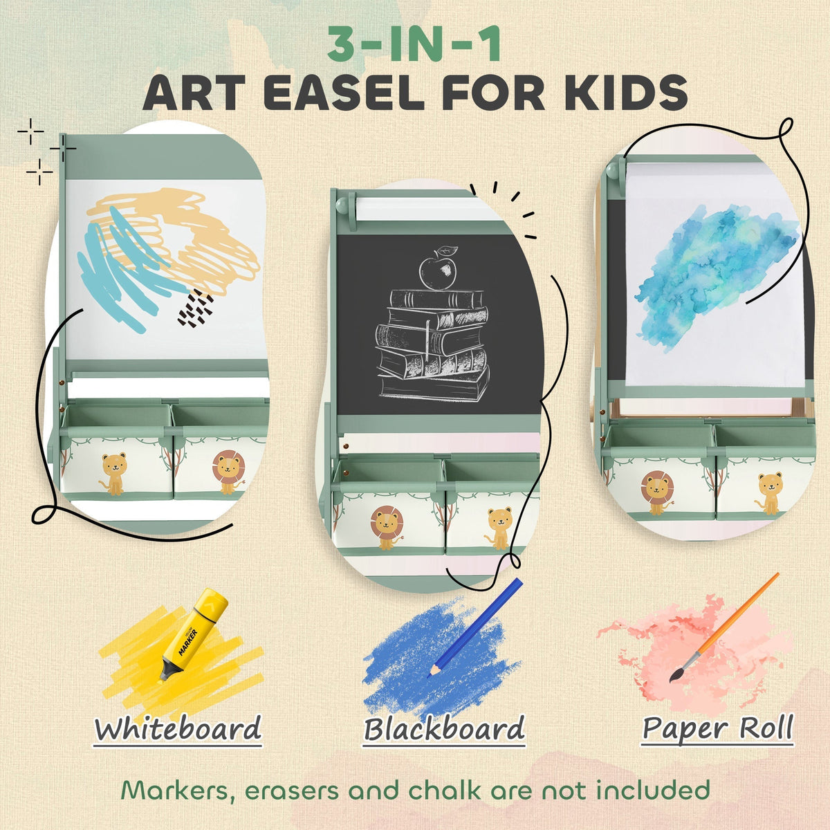 Three ways to use the art easel: whiteboard, blackboard and paper roll for drawing