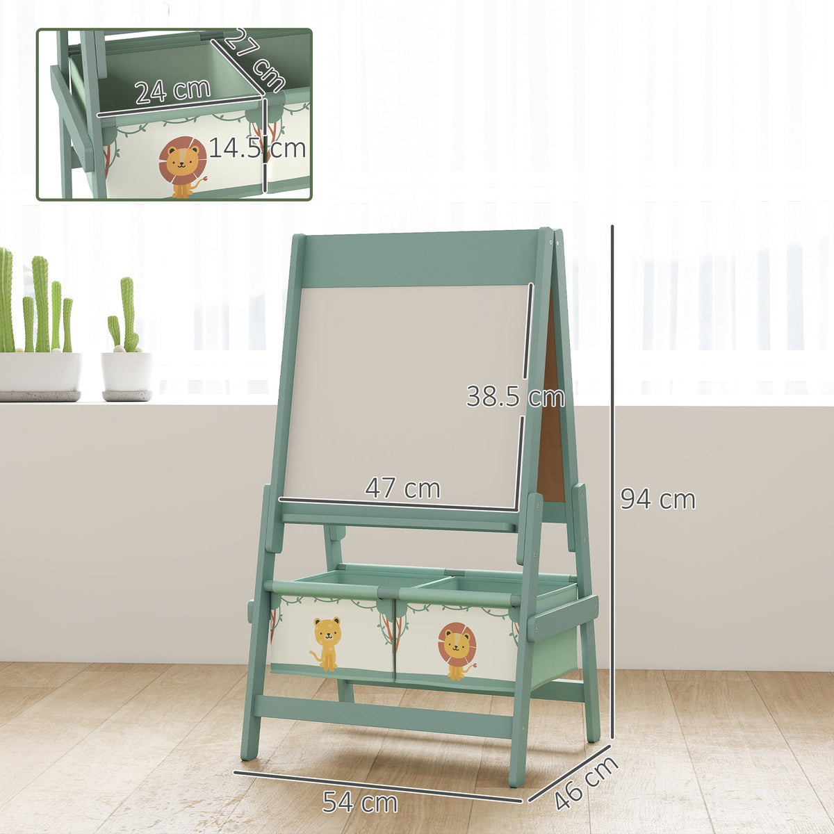Dimensions of the green art easel for children, showing height, width and depth