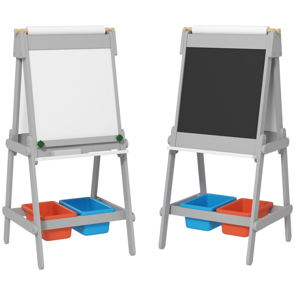 AIYAPLAY Art Easel for Kids with Paper Roll, a double-sided easel with a whiteboard and chalkboard, with storage bins