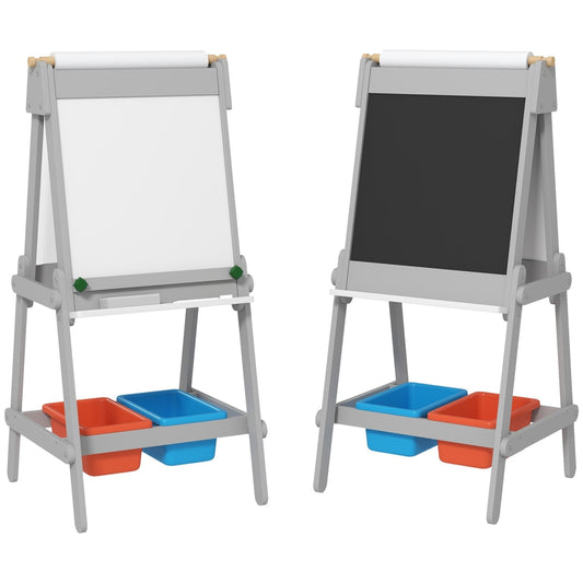 AIYAPLAY Art Easel for Kids with Paper Roll, a double-sided easel with a whiteboard and chalkboard, with storage bins