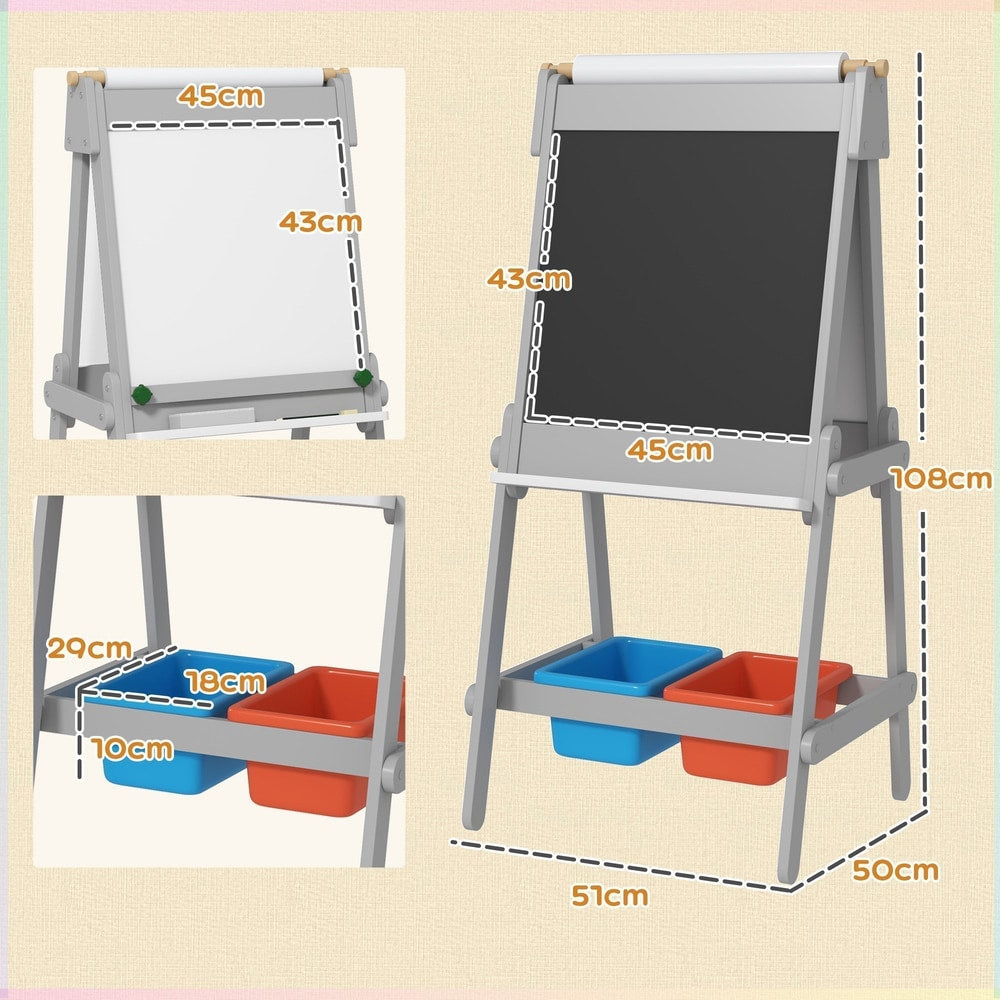 Dimensions of the kids art easel, showing height, width, and depth of the whiteboard and storage bins