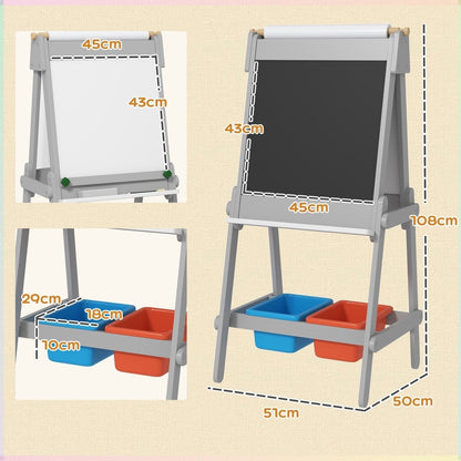 Dimensions of the kids art easel, showing height, width, and depth of the whiteboard and storage bins