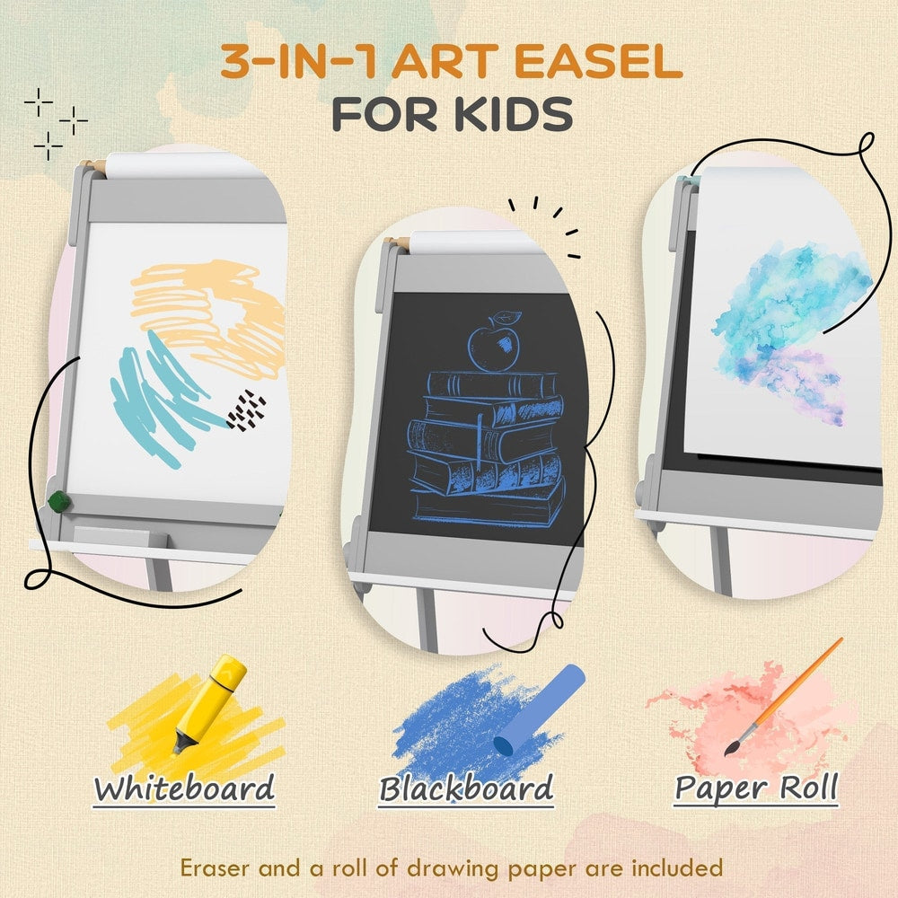 The art easel for kids showing the whiteboard, chalkboard, and paper roll functions