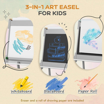 The art easel for kids showing the whiteboard, chalkboard, and paper roll functions