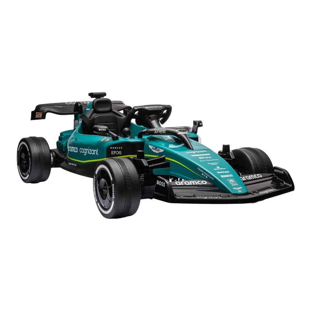 AIYAPLAY Aston Martin Licensed 12V Kids Ride on Racing Kart in green, a sleek replica with racing details