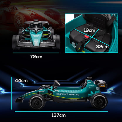 Dimensions of the green Aston Martin style kids electric car, showing length, width and height