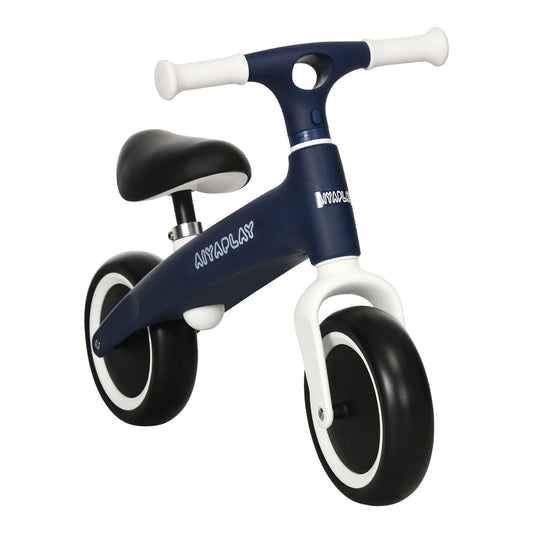 AIYAPLAY Baby Balance Bike in blue and white with a black seat and wheels on a plain white background