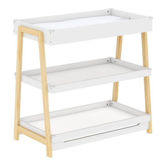 AIYAPLAY Baby Changing Table with 2 Storage Shelves, white with natural wood legs