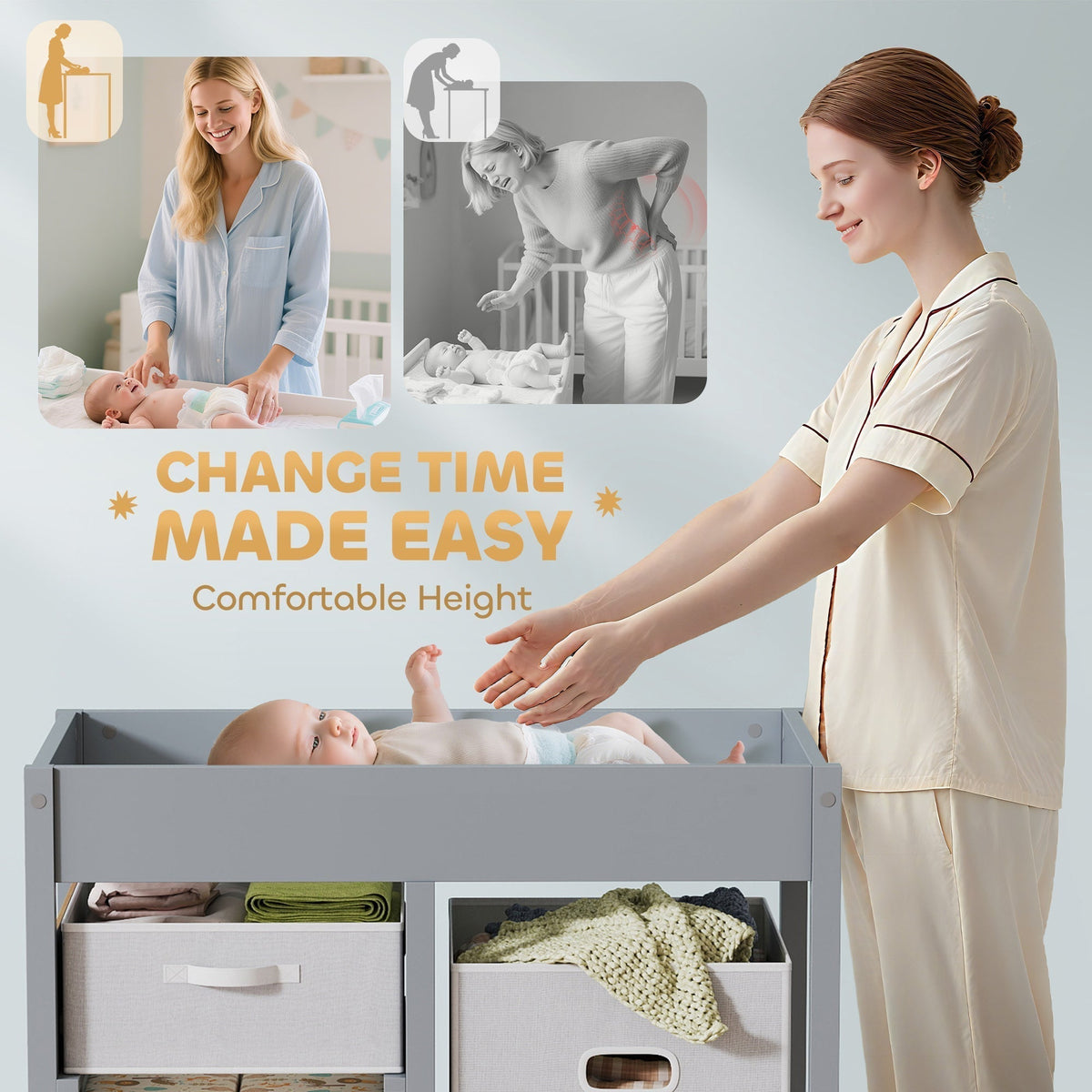 Woman using the baby changing unit, highlighting comfortable height