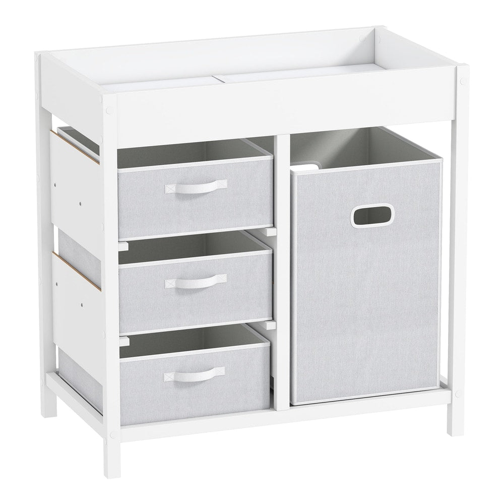 AIYAPLAY Baby Changing Unit with 4 Storage Drawers, white frame with three grey fabric drawers and a large grey storage cube