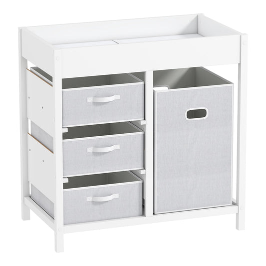 AIYAPLAY Baby Changing Unit with 4 Storage Drawers, white frame with three grey fabric drawers and a large grey storage cube