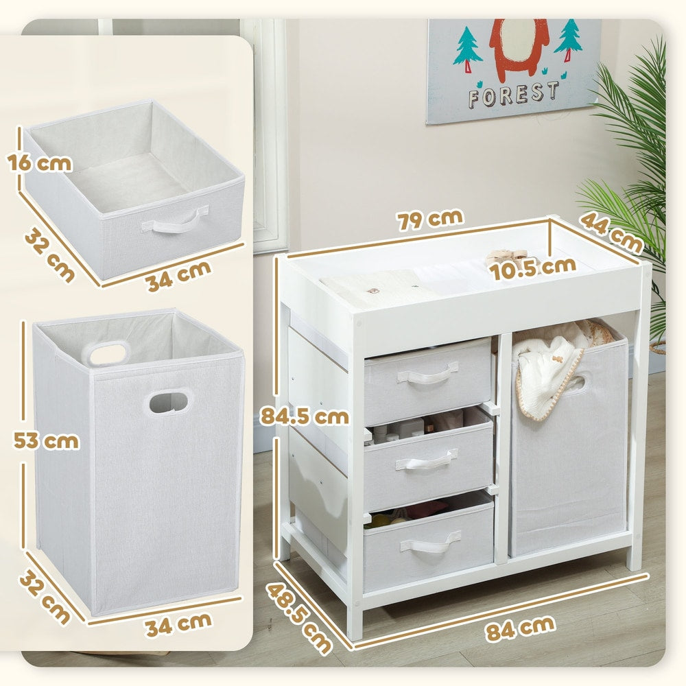 A baby changing unit with drawers and storage cube, showing dimensions of the unit and storage boxes