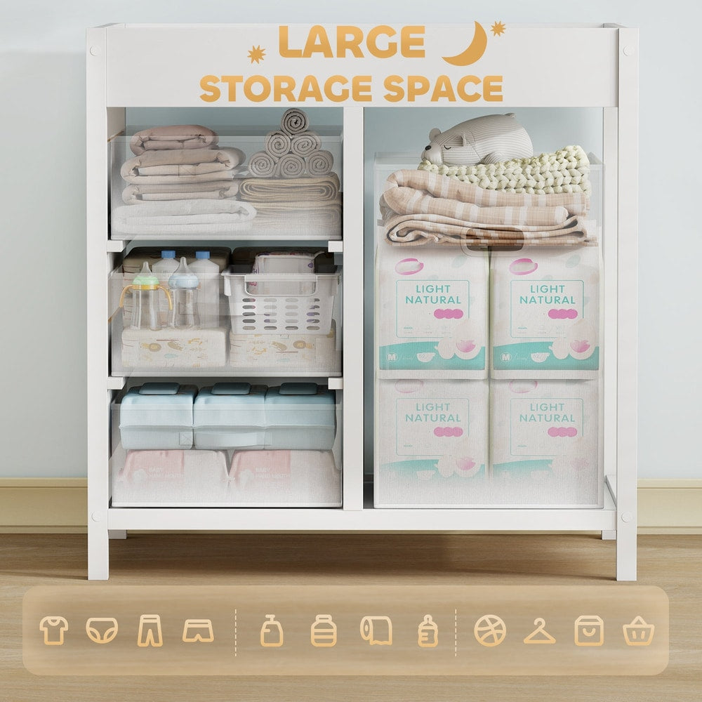 A baby changing unit with drawers and storage cube filled with baby essentials like nappies and clothes