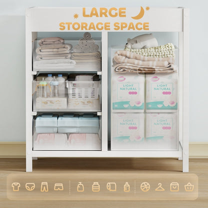 A baby changing unit with drawers and storage cube filled with baby essentials like nappies and clothes