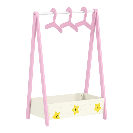 AIYAPLAY Baby Clothing Rack with Hangers, a pink A-frame rack with a storage shelf below, decorated with yellow stars