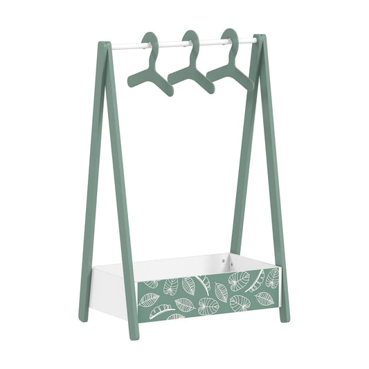 AIYAPLAY Baby Clothing Rack with Hangers, a green A-frame stand with a storage shelf and three hangers