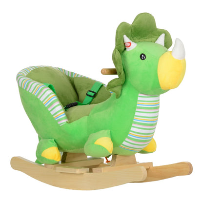 AIYAPLAY Baby Rocking Dinosaur with Animal Sounds, a green plush dinosaur with a wooden rocking base and safety belt