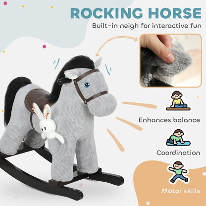 Grey plush rocking horse with text highlighting interactive fun, balance and coordination