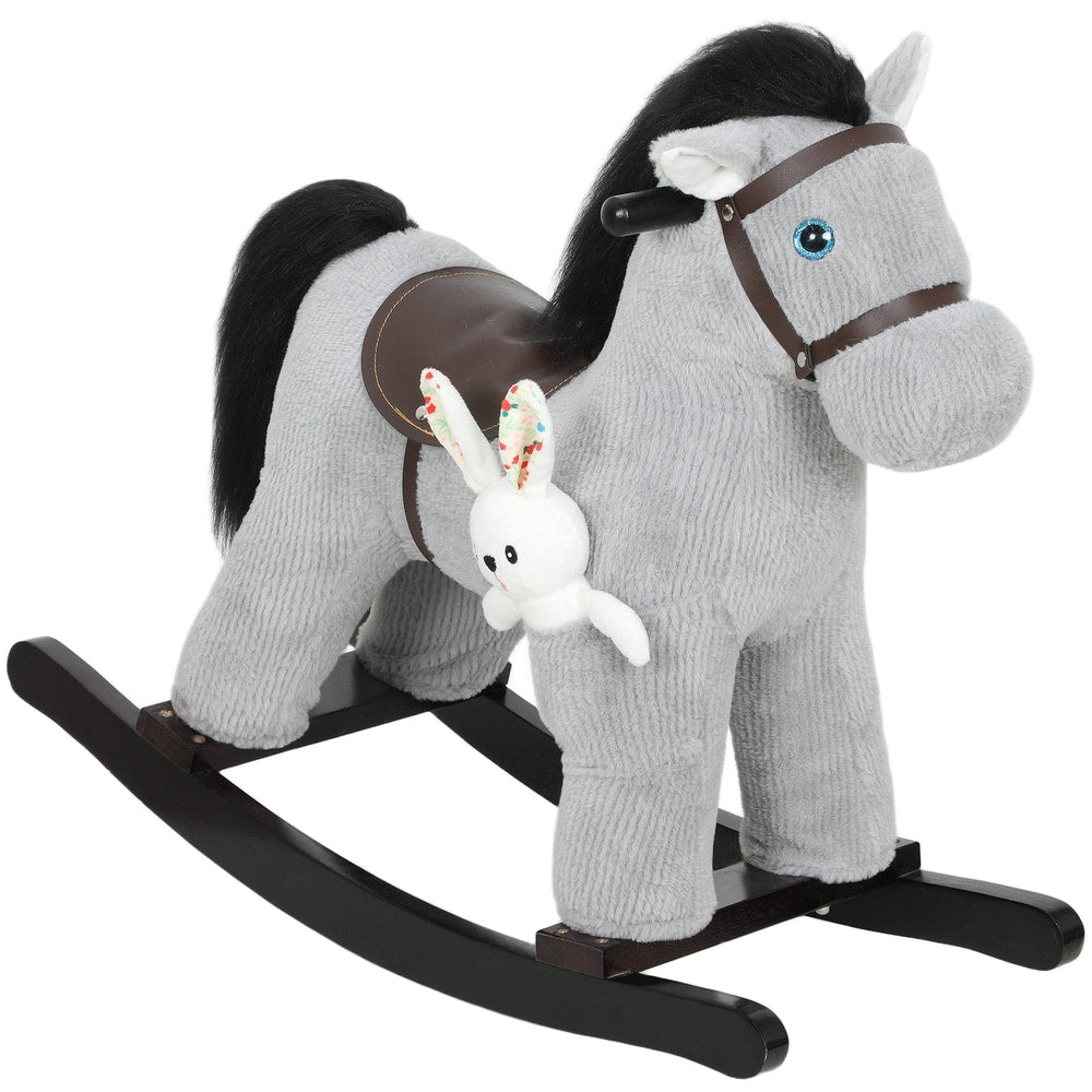 AIYAPLAY Baby Rocking Horse, a grey plush animal rocker with a white bunny attached and wooden rockers