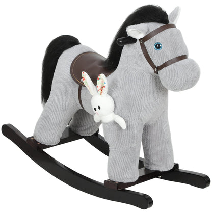AIYAPLAY Baby Rocking Horse, a grey plush animal rocker with a white bunny attached and wooden rockers