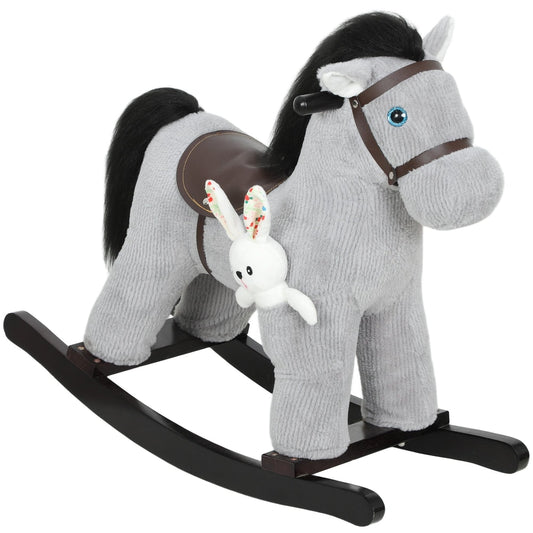 AIYAPLAY Baby Rocking Horse, a grey plush animal rocker with a white bunny attached and wooden rockers