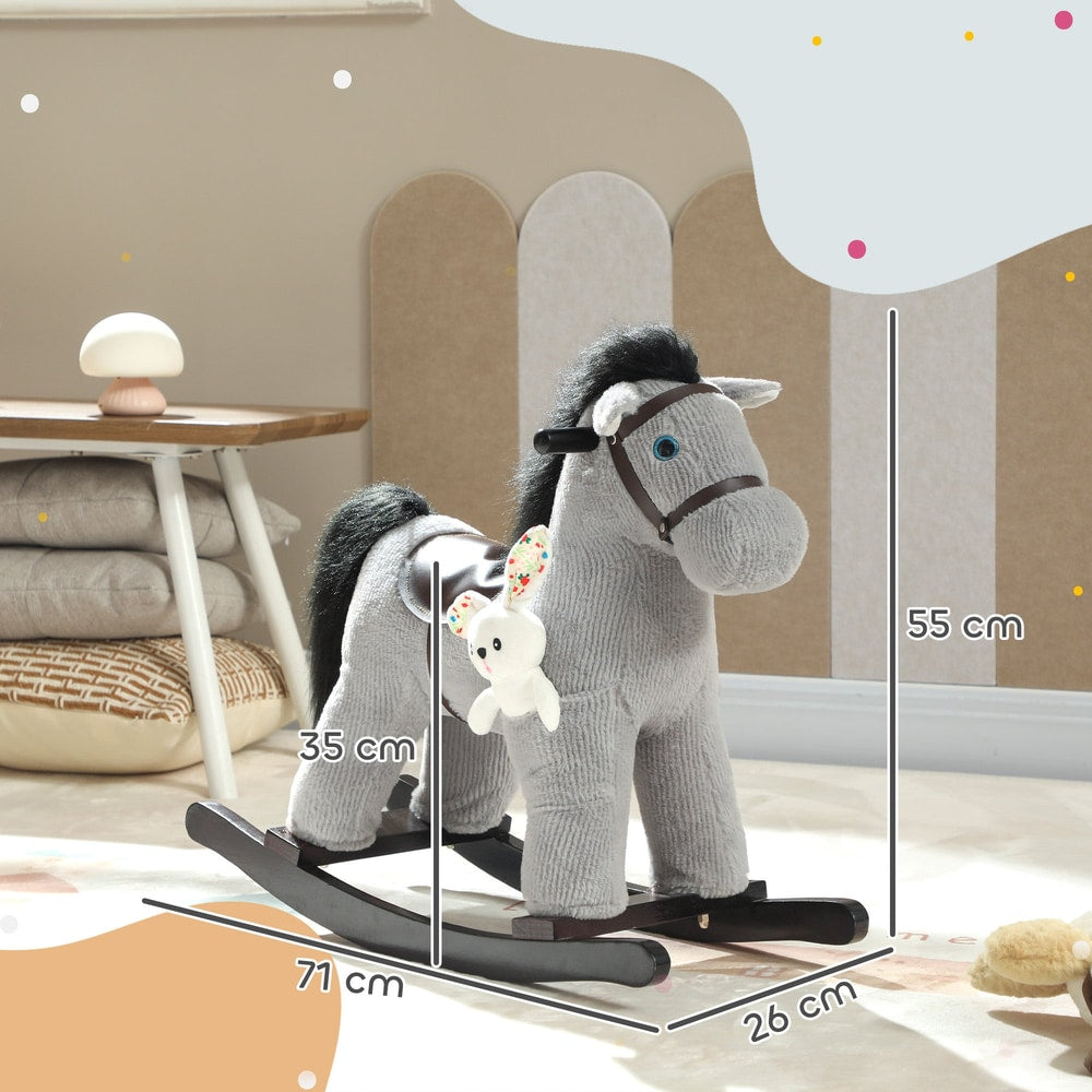 Grey plush rocking horse with dimensions shown for length, height and width