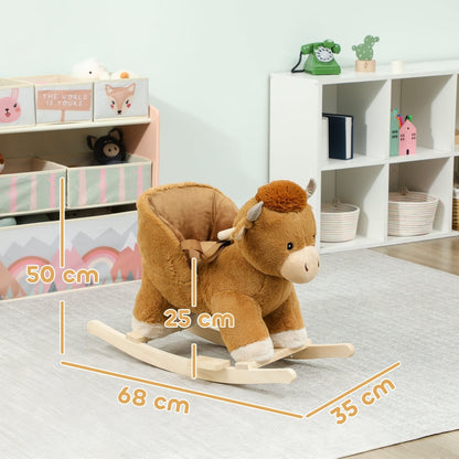 A brown plush rocking horse with wooden rockers and a safety belt, with dimensions labelled