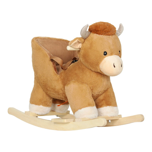 AIYAPLAY Baby Rocking Horse with Safety Belt, a brown plush cow with wooden rockers and a safety belt