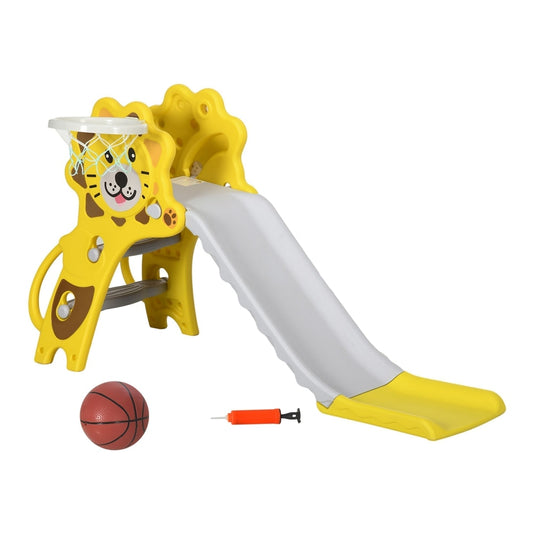 AIYAPLAY Baby Slide with Basketball Hoop, a yellow lion-themed climber with a grey slide and basketball hoop