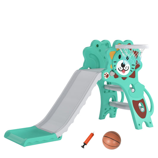 AIYAPLAY Baby Slide with Basketball Hoop, including a small ball and pump on a white background