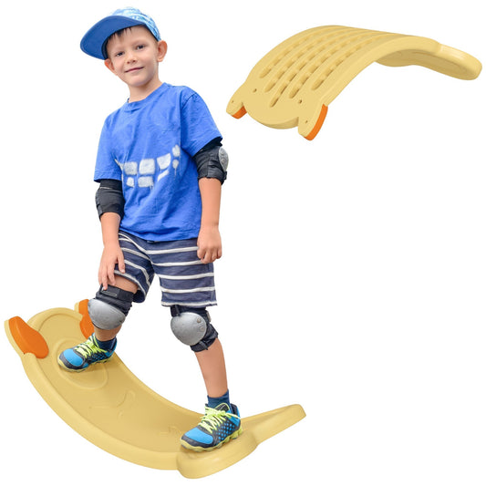 AIYAPLAY Balance Board for Kids Balance Training & Sensory Play, Yellow, shown with a boy standing on it