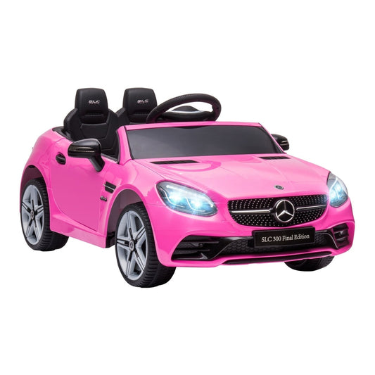 HOMCOM Benz SLC 300 Licensed 12V Kids Electric Ride On in pink, front view with headlights on