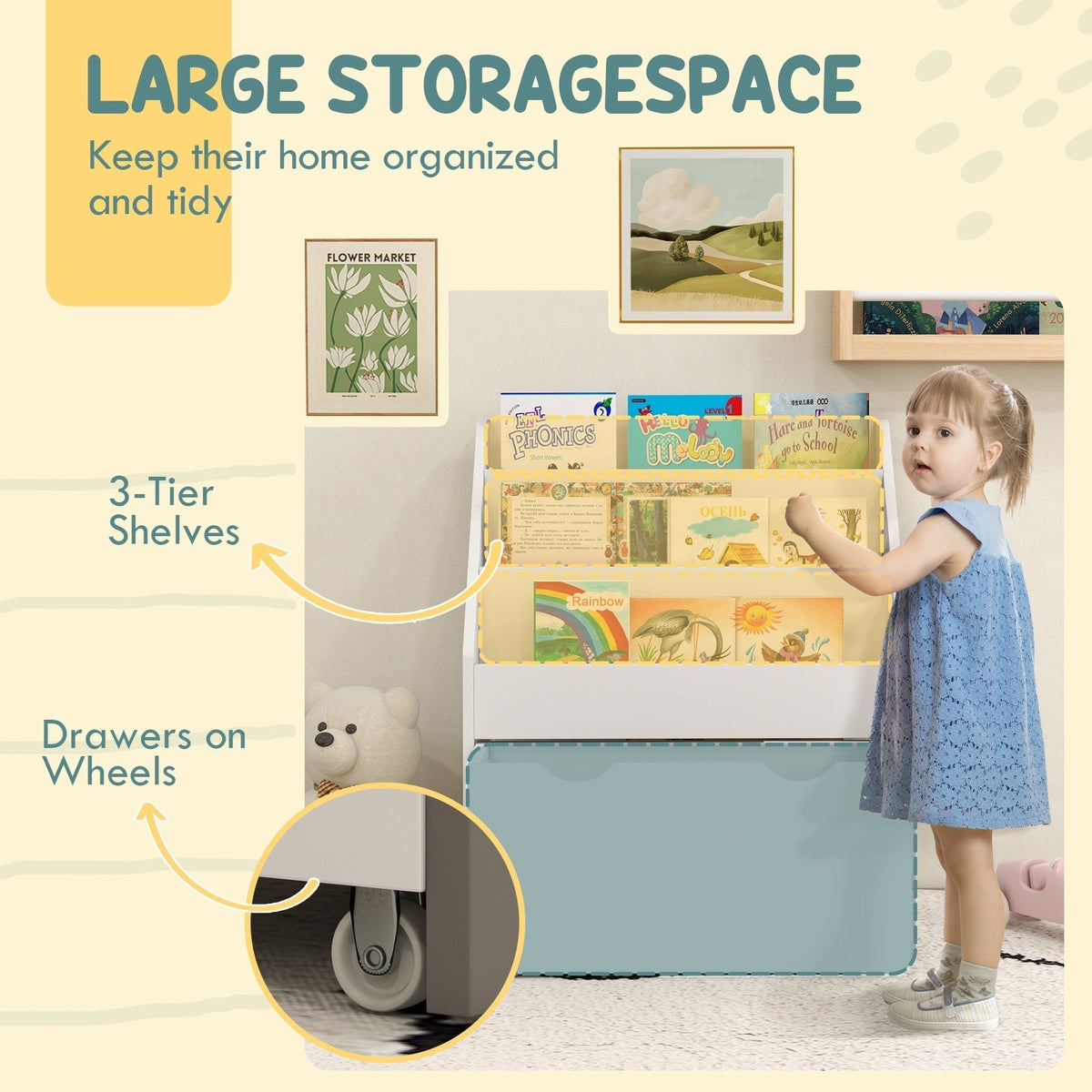 The kids storage unit highlighting the three shelves and the drawer on wheels