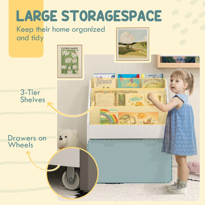 The kids storage unit highlighting the three shelves and the drawer on wheels