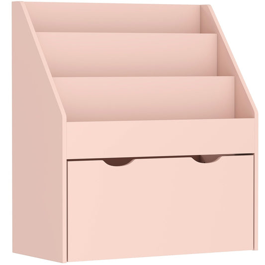 AIYAPLAY Bookcase for Kids with Shelves, a pink unit with three shelves and a drawer