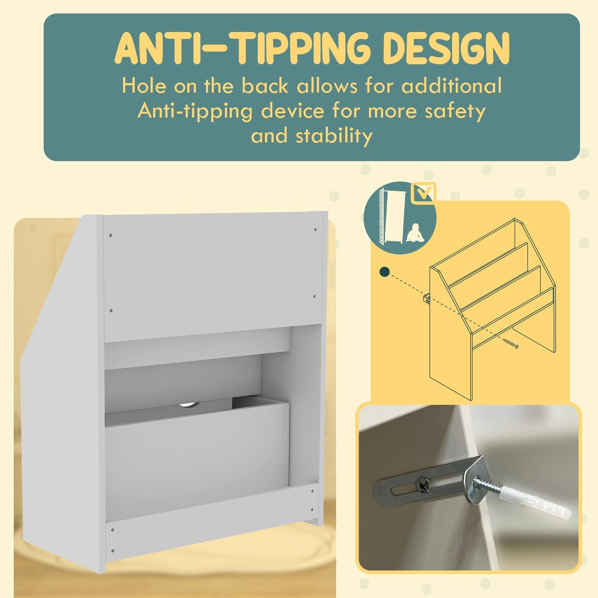 White kids bookcase with anti-tipping device shown for safety and stability